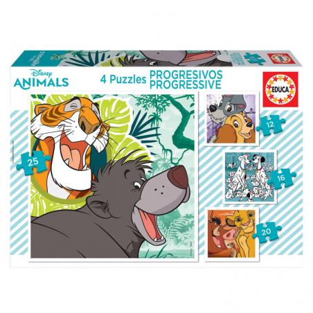 Puzzle Dama y Vagabundo + 101 Dalmatas + Rey Leon + Libro de la Selva Animals Disney 12-16-20-25pzs - Imagen 1